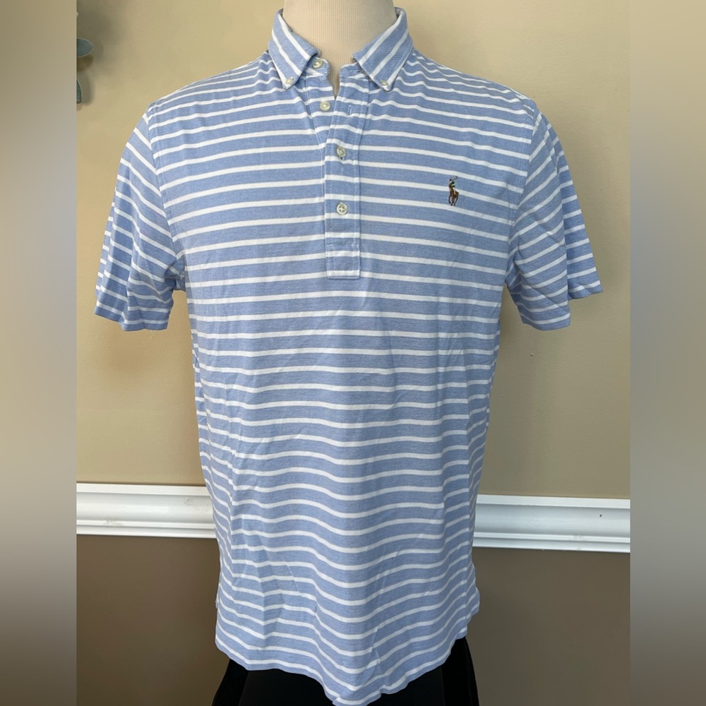 POLO RALPH LAUREN Knit Oxford Short Sleeve Blue White Striped Polo Shirt, XL
